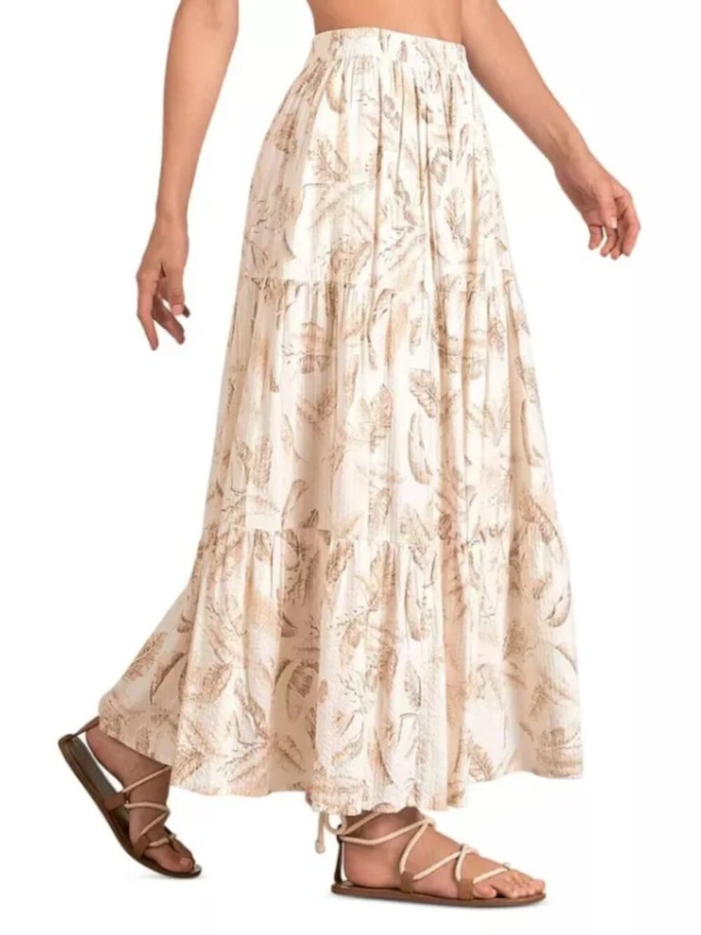 Elan NWT Ivory Tan Beige Cream Maxi Skirt with Brown Feather Print